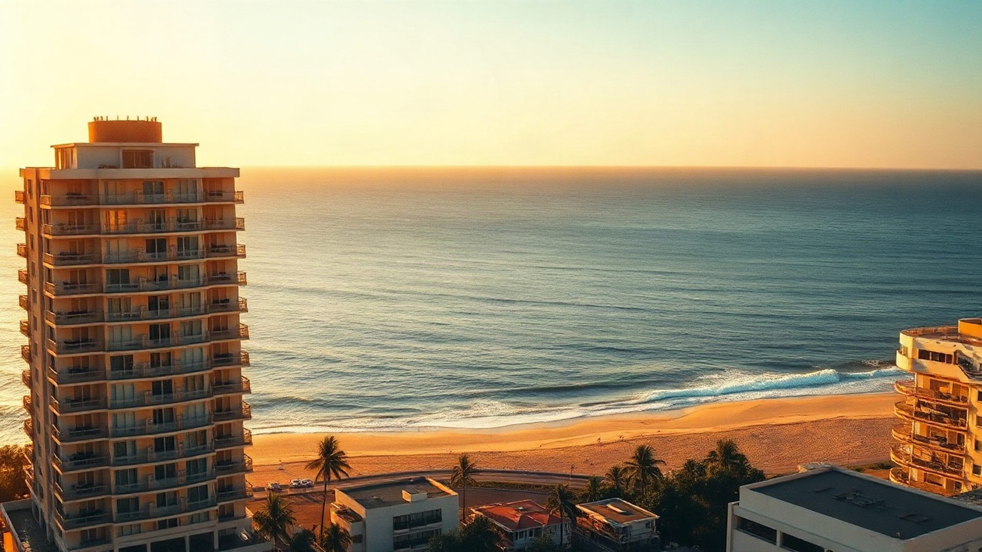 Vista aérea da orla de Fortaleza ao entardecer com edifícios de alto padrão